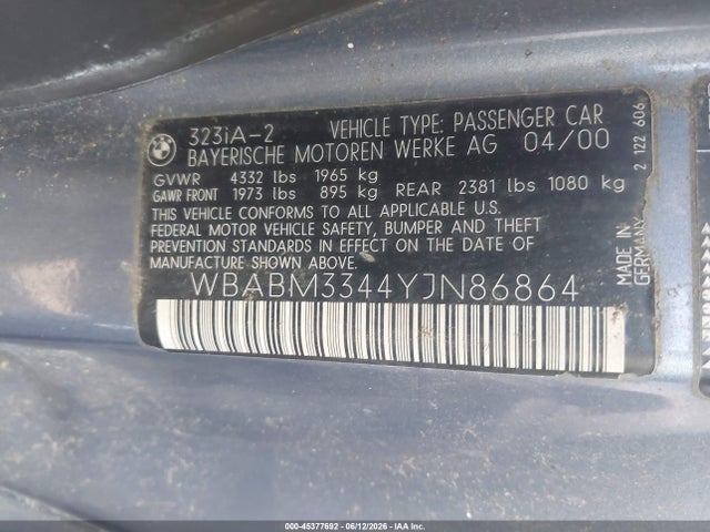 Aukcja sprzedaży 2000 Bmw 323ci, vin: WBABM3344YJN86864, numer aukcji: 45377692