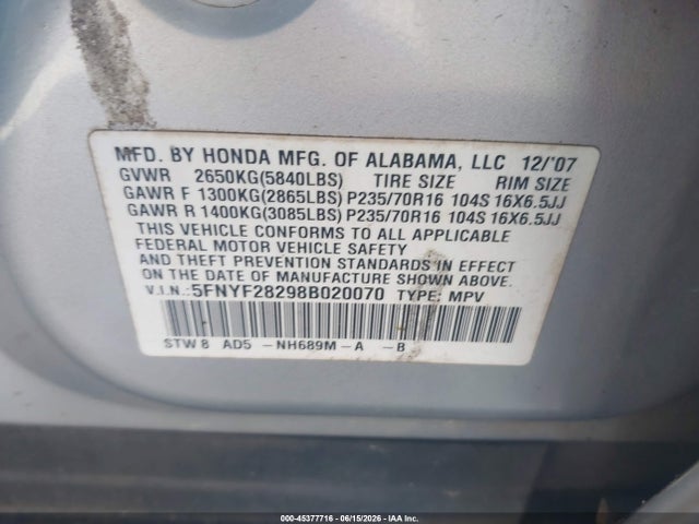 Aukcja sprzedaży 2008 Honda Pilot Vp, vin: 5FNYF28298B020070, numer aukcji: 45377716