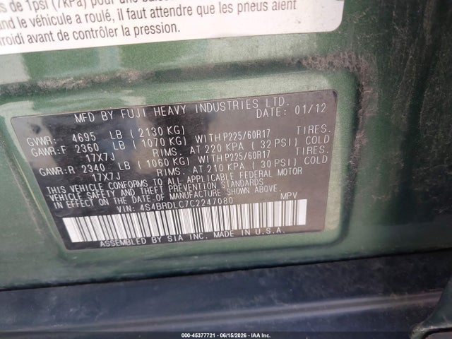 Продажа на аукционе авто 2012 Subaru Outback 3.6r Limited, vin: 4S4BRDLC7C2247080, номер лота: 45377721