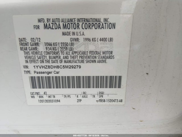 Aukcja sprzedaży 2012 Mazda Mazda6 I Touring, vin: 1YVHZ8DH8C5M29279, numer aukcji: 45377726