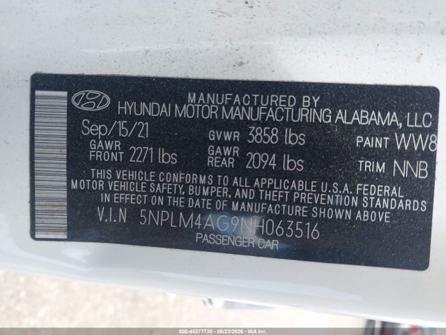 Продажа на аукционе авто 2022 Hyundai Elantra Sel, vin: 5NPLM4AG9NH063516, номер лота: 45377730