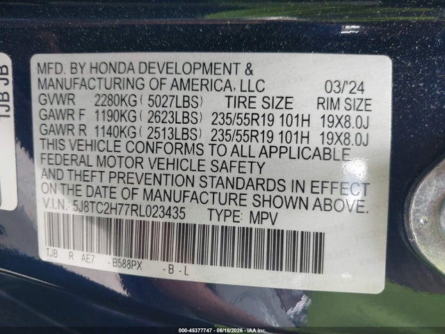 45377747 :رقم المزاد ، 5J8TC2H77RL023435 vin ، 2024 Acura Rdx Advance Package مزاد بيع
