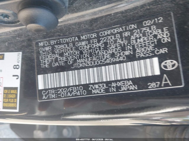 2012 Toyota Prius მანქანა იყიდება აუქციონზე, vin: JTDKN3DU0C5409440, აუქციონის ნომერი: 45377751
