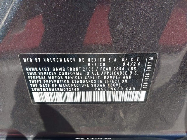 Aukcja sprzedaży 2024 Volkswagen Jetta 1.5t Se, vin: 3VW7M7BU4RM072449, numer aukcji: 45377753