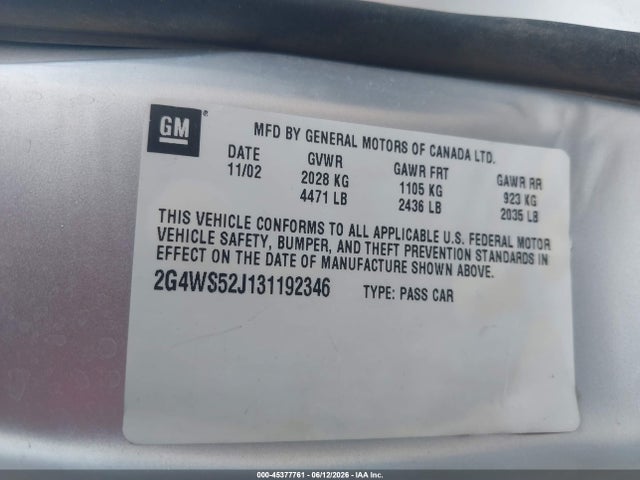 Aukcja sprzedaży 2003 Buick Century Custom, vin: 2G4WS52J131192346, numer aukcji: 45377761