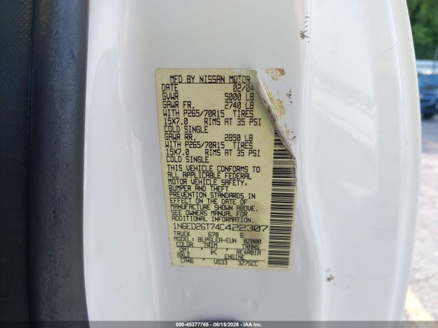 Продажа на аукционе авто 2004 Nissan Frontier Desert Runner Xe-v6, vin: 1N6ED26T74C422307, номер лота: 45377765