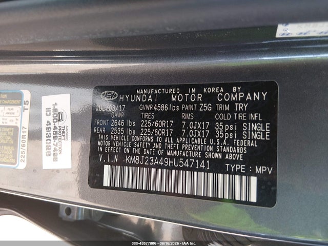 45377806 :رقم المزاد ، KM8J23A49HU547141 vin ، 2017 Hyundai Tucson Se مزاد بيع