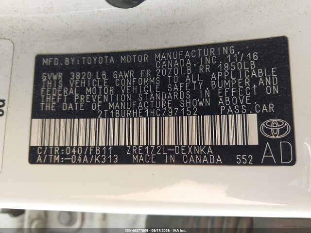 2T1BURHE1HC797152 Toyota COROLLA LE