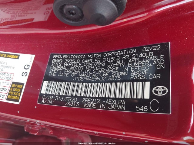 Продаж на аукціоні авто 2022 Toyota Corolla Le, vin: JTDEPMAE5NJ218875, номер лоту: 45377830