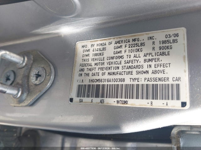 2006 Honda Accord 2.4 Se მანქანა იყიდება აუქციონზე, vin: 1HGCM56316A100368, აუქციონის ნომერი: 45377836