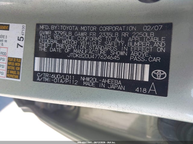 Aukcja sprzedaży 2007 Toyota Prius, vin: JTDKB20U477624645, numer aukcji: 45377841