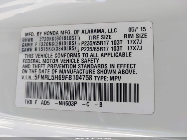 Honda Odyssey Ex-l 2015 5FNRL5H69FB104758 Image 9