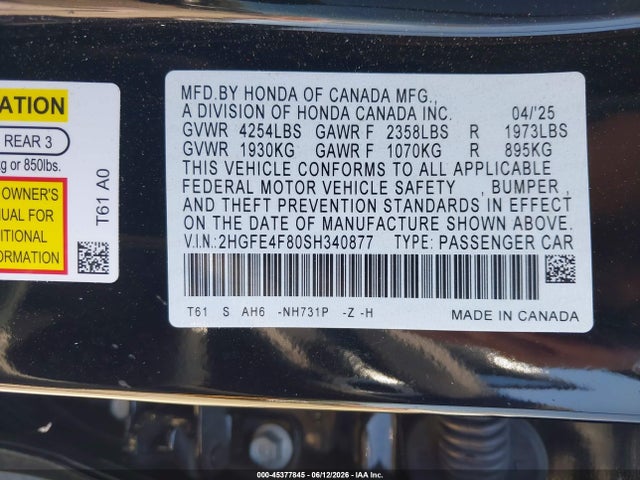 2HGFE4F80SH340877 Honda Civic Hybrid Sport/sport Touring