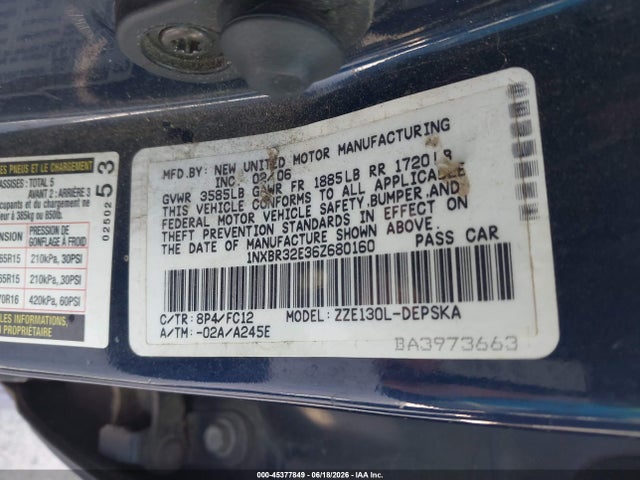 Aukcja sprzedaży 2006 Toyota Corolla S, vin: 1NXBR32E36Z680160, numer aukcji: 45377849
