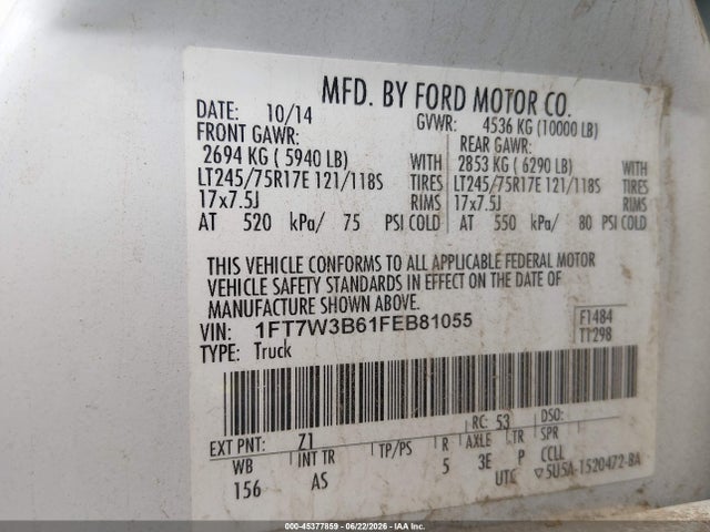 2015 Ford F-350 Xl მანქანა იყიდება აუქციონზე, vin: 1FT7W3B61FEB81055, აუქციონის ნომერი: 45377859