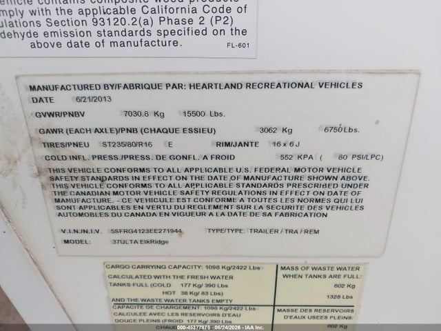 Aukcja sprzedaży 2014 Heartland Elkridge 35' 5th Wheel, vin: 5SFRG4123EE271944, numer aukcji: 45377875