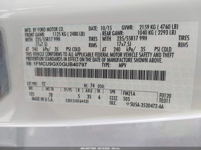 1FMCU9GX0GUB40797 Ford ESCAPE SE