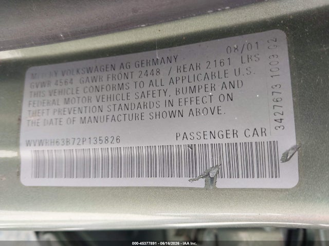 45377891 :رقم المزاد ، WVWRH63B72P135826 vin ، 2002 Volkswagen Passat Glx مزاد بيع