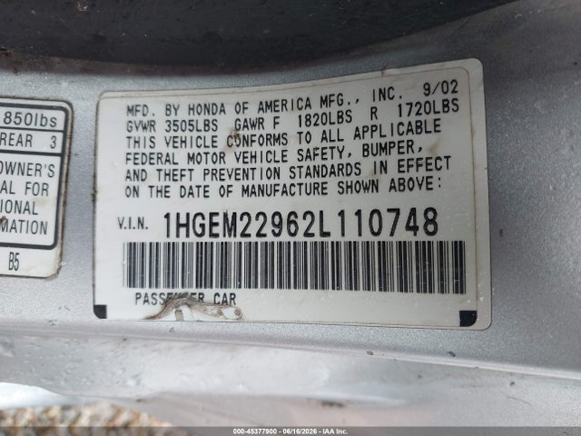 Aukcja sprzedaży 2002 Honda Civic Ex, vin: 1HGEM22962L110748, numer aukcji: 45377900