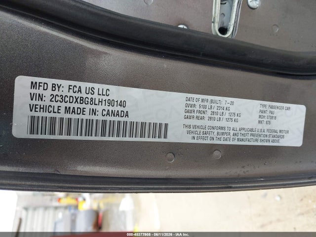 2020 Dodge Charger Sxt Rwd მანქანა იყიდება აუქციონზე, vin: 2C3CDXBG8LH190140, აუქციონის ნომერი: 45377905