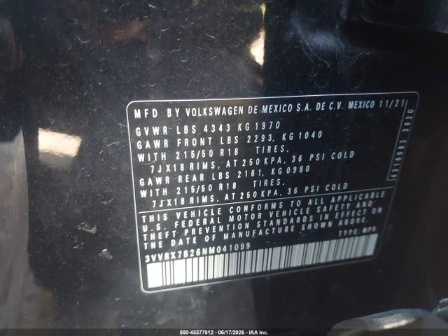 Продаж на аукціоні авто 2022 Volkswagen Taos 1.5t Se, vin: 3VVRX7B26NM041099, номер лоту: 45377912