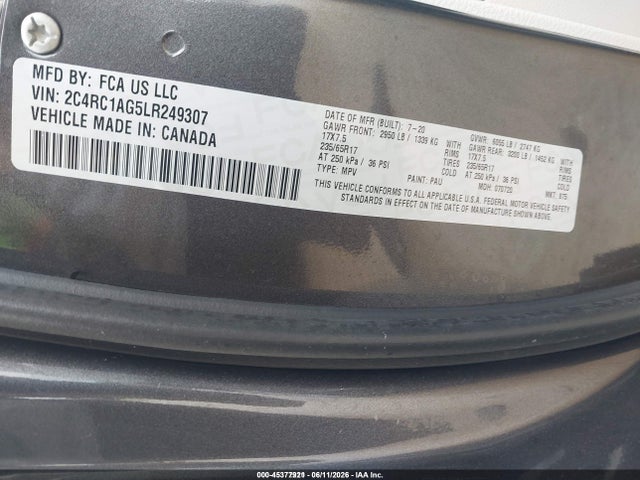 Aukcja sprzedaży 2020 Chrysler Voyager L, vin: 2C4RC1AG5LR249307, numer aukcji: 45377921
