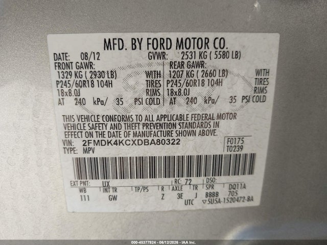 Продажа на аукционе авто 2013 Ford Edge Limited, vin: 2FMDK4KCXDBA80322, номер лота: 45377924