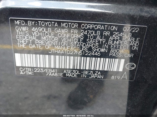 45377929 :رقم المزاد ، JTHAA1D27N5122446 vin ، 2022 Lexus Is 300 مزاد بيع