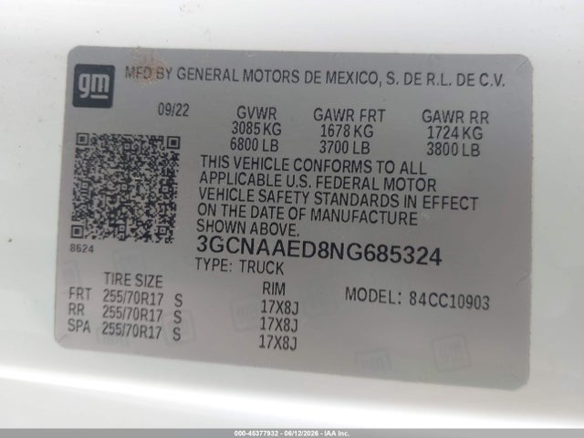 3GCNAAED8NG685324 Chevrolet Silverado 1500 2wd Long Bed Wt