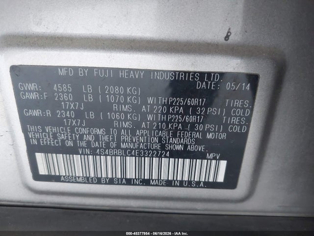 Subaru Outback 2.5i Limited 2014 4S4BRBLC4E3322724 Image 9
