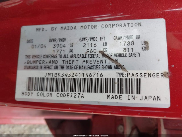 45377961 :رقم المزاد ، JM1BK343241146716 vin ، 2004 Mazda Mazda3 S مزاد بيع