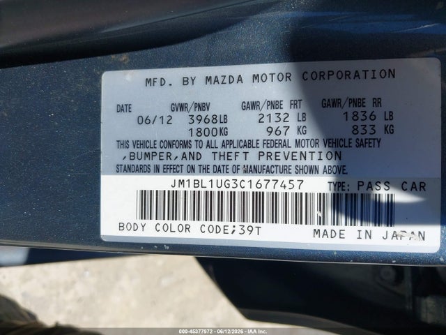 Продаж на аукціоні авто 2012 Mazda Mazda3 I Sport, vin: JM1BL1UG3C1677457, номер лоту: 45377972