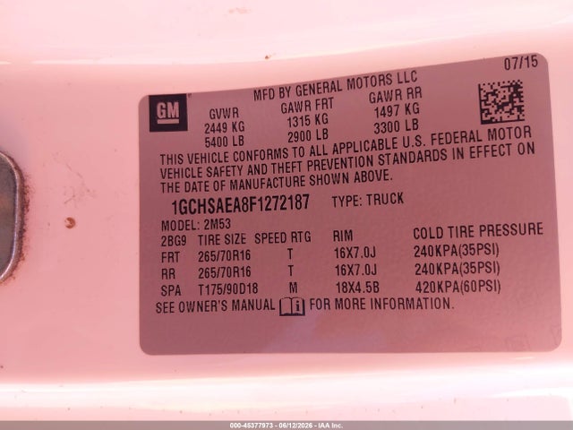 45377973 :رقم المزاد ، 1GCHSAEA8F1272187 vin ، 2015 Chevrolet Colorado 2wd Wt مزاد بيع