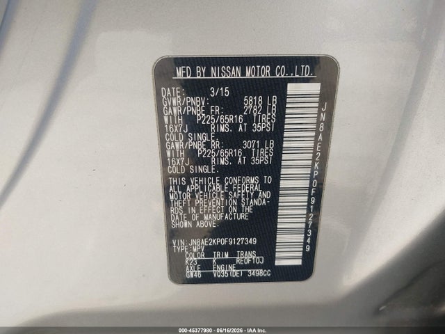 JN8AE2KP0F9127349 Nissan Quest Platinum/s/sl/sv