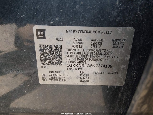 GMC Acadia Sle-1 2019 1GKKNRLA5KZ274106 Image 9
