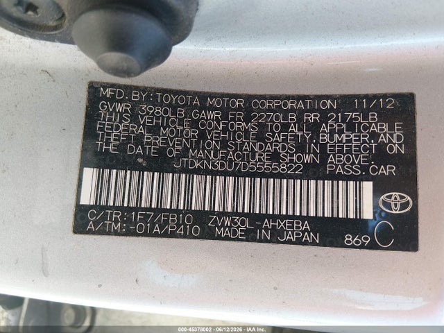 Aukcja sprzedaży 2013 Toyota Prius Two, vin: JTDKN3DU7D5555822, numer aukcji: 45378002