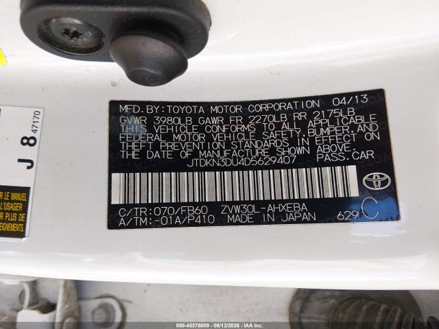 Aukcja sprzedaży 2013 Toyota Prius Three, vin: JTDKN3DU4D5629407, numer aukcji: 45378009
