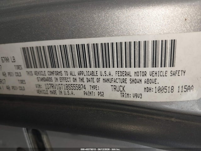2011 Ram Ram 1500 St მანქანა იყიდება აუქციონზე, vin: 1D7RV1GT1BS555874, აუქციონის ნომერი: 45378015