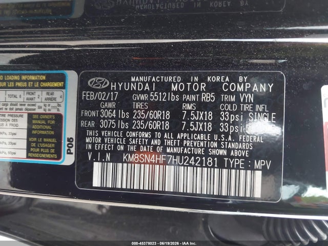 2017 Hyundai Santa Fe Limited მანქანა იყიდება აუქციონზე, vin: KM8SN4HF7HU242181, აუქციონის ნომერი: 45378023