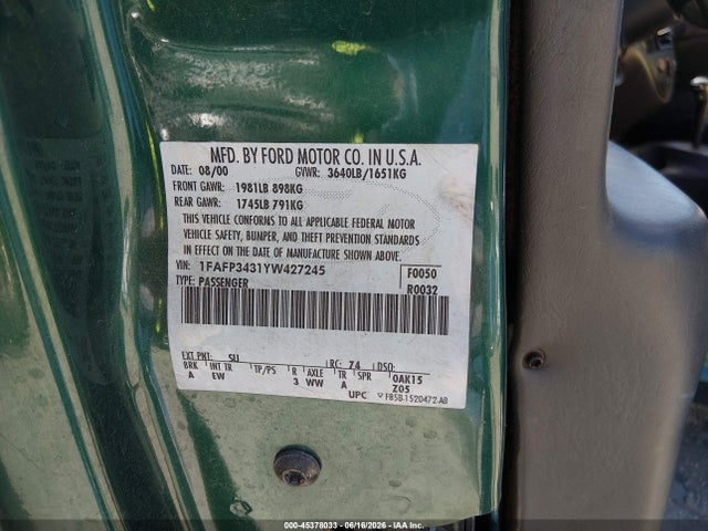 Aukcja sprzedaży 2000 Ford Focus Se, vin: 1FAFP3431YW427245, numer aukcji: 45378033