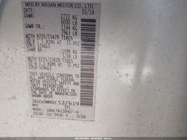 Aukcja sprzedaży 2014 Infiniti Qx60 Hybrid, vin: 5N1CL0MM0EC527619, numer aukcji: 45378034