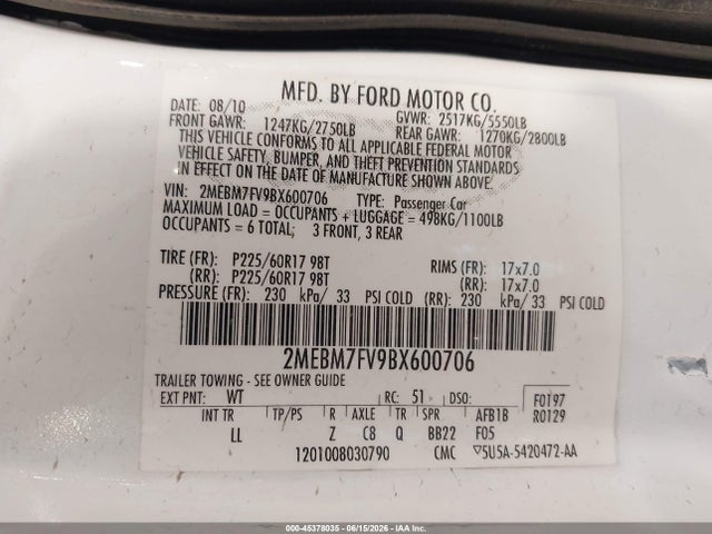Aukcja sprzedaży 2011 Mercury Grand Marquis Ls (fleet Only), vin: 2MEBM7FV9BX600706, numer aukcji: 45378035