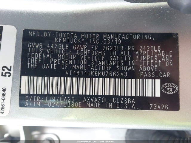 4T1B11HK6KU766243 Toyota CAMRY SE