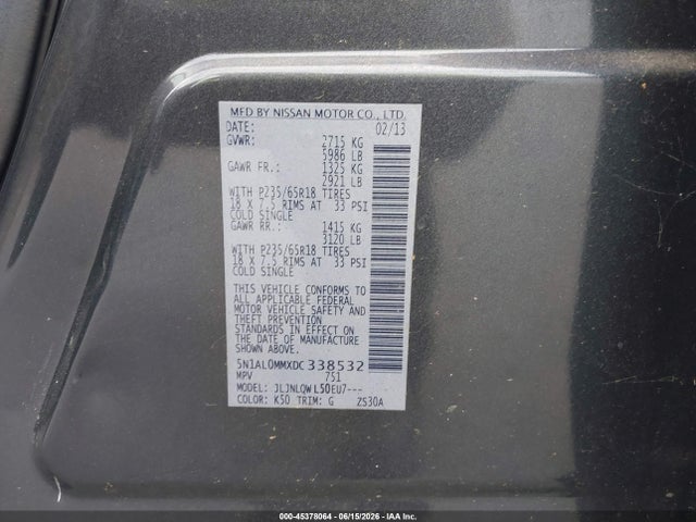 Aukcja sprzedaży 2013 Infiniti Jx35, vin: 5N1AL0MMXDC338532, numer aukcji: 45378064