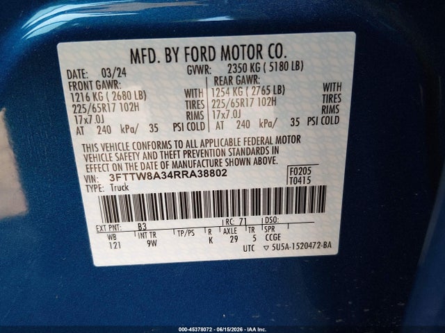 2024 Ford Maverick Xl მანქანა იყიდება აუქციონზე, vin: 3FTTW8A34RRA38802, აუქციონის ნომერი: 45378072