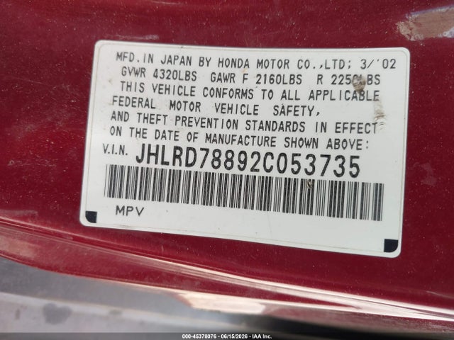 45378076 :رقم المزاد ، JHLRD78892C053735 vin ، 2002 Honda Cr-v Ex مزاد بيع