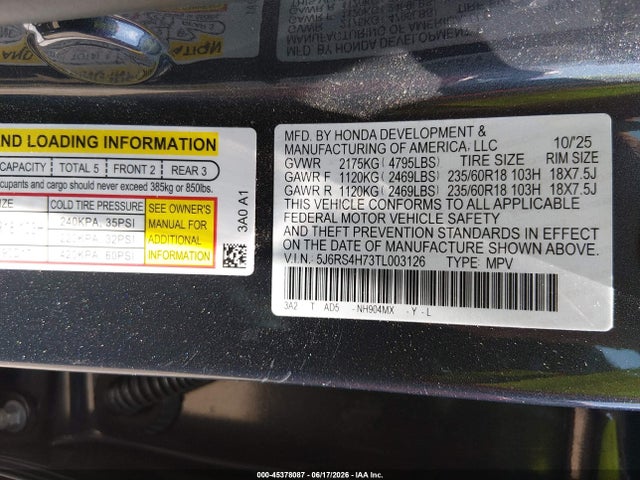 5J6RS4H73TL003126 Honda Cr-v Ex-l Awd