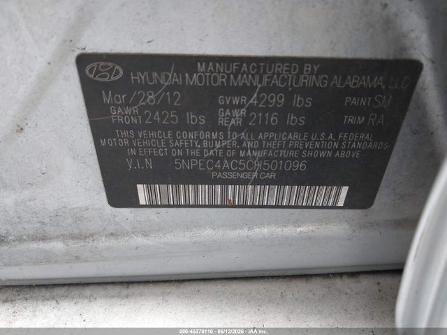 Aukcja sprzedaży 2012 Hyundai Sonata Se, vin: 5NPEC4AC5CH501096, numer aukcji: 45378110
