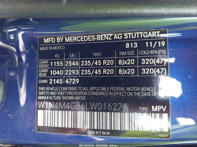 Aukcja sprzedaży 2020 Mercedes-benz Glb 250, vin: W1N4M4GB6LW016279, numer aukcji: 45378122