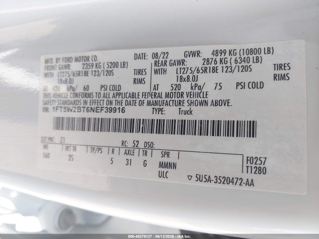 Aukcja sprzedaży 2022 Ford F-250 Xlt, vin: 1FT8W2BT6NEF39916, numer aukcji: 45378127